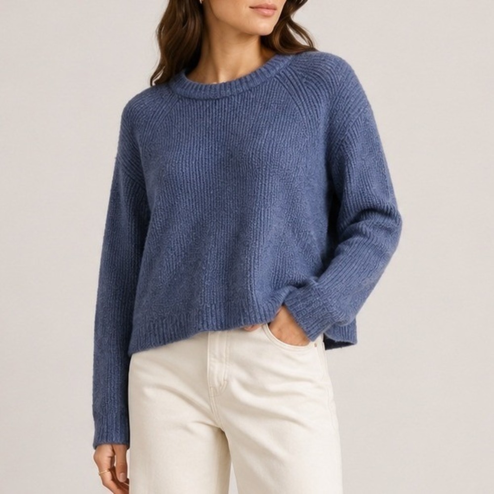 Quince Mongolian Cashmere Fisherman Crewneck Sweater Heather Storm Blue XL EUC